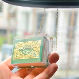 Green Mini Arabic  Quran Book Car Interior Decor, Muslim new Car Gift to Father, Religious vehicle Talisman, Automobile Rear Mirror Hanger