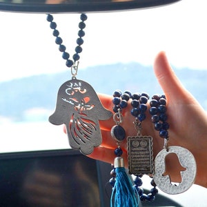 Navy Gemstone Beads Silver DERVISH Luxury CAR HANGER, Eid gift for Friend, Parliament Holy Muslim Mala Bead, Arabic Driving License Present