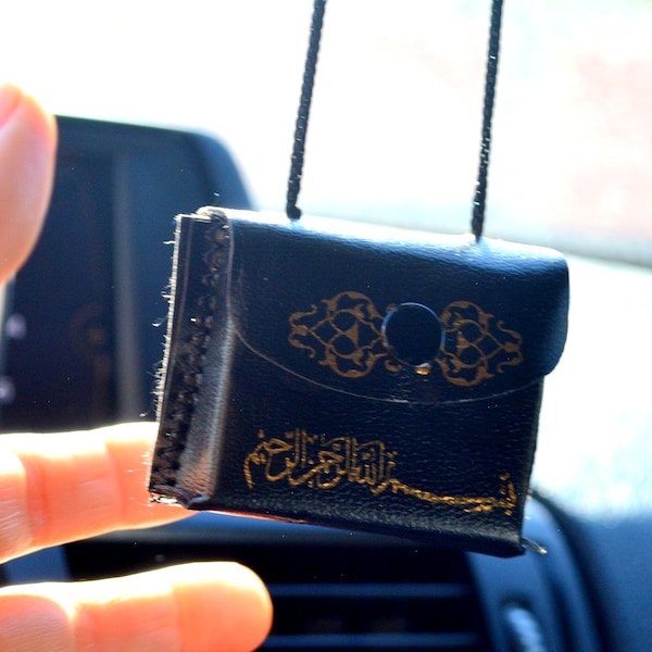 Black Leather Case Mini Holy Quran car Mirror Hanger, Driving Licence Gift For Muslim, Kuran Auto Hanger, Islamic Automobile Accessory