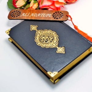Black Leather Custom Quran - Religious travel Gift For pilgrim - Luxury Convert Gift to New Muslim Man- Golden Glittered Page Kuran Book