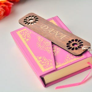 Mini Pink Quran Book with Custom Wooden Bookmark (Madina Script)