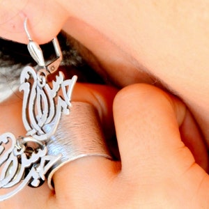Arabic Calligraphy Silver JEWELRY, Bird Shape Calligraphy, Allah name Choker Necklace, Hateem Gift to Student, Arabic Letter Dangle Earrings