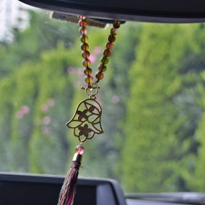 Hamsa Muslim Car Decor, Green car Gift to Her, Green Gemstone Hand 33 Bead Rear MIRROR HANGER, Red Tasbeh Rosary, Spiritual Dangler present