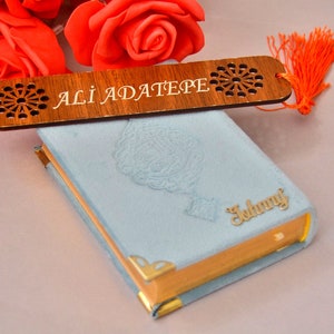 Blue Custom Quran Book/ Baby boy shower gift to Muslim Dad/ Silver Customized Name Quran, Personalized arabic small Pray Book named Bookmark