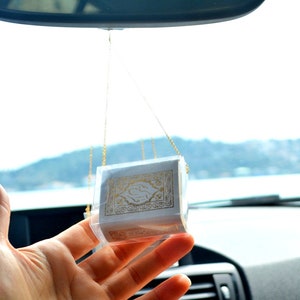 White Quran Car Decor, Ramadan Mubaraq Gift to Muslim Guest, Car Protection, X Small Quran Book for Automobile Rear Mirror Hanging Present
