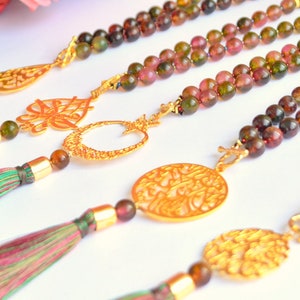 Cool cadeau moslimdame/groen roze edelsteen kraal auto achteruitkijkspiegel hanger, 33 kraal Taasbeh rozenkrans, spirituele decoratie, moslim rijbewijs