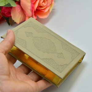 Beige Pocket size Quran, Custom Arabic Birthday gift for Muslim Kid/ Personalized Sepia Extra Small Islam praying Mosque Religious Book