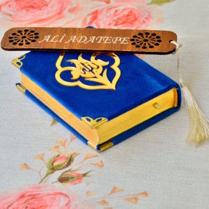 Navy Allah name Quran/ New House gift for Muslim Dad/ Blue Arabic Small Size Islamic Pray Book/ Wood Name Hand crafted Personalized Bookmark