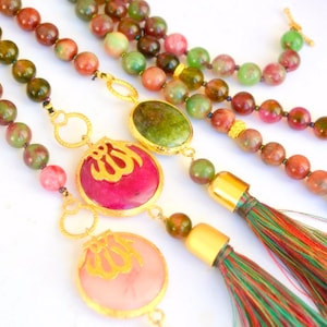 Unique Holiday Gift to her, Pink Green ALLAH Name CAR Mirror HANGER, Tasbeh 33 bead Car Dangle, Muslim Driving License Present, Luxury Auto