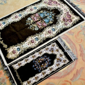 Black Kid and Adult Floral Muslim Prayer Rug Set, Islamic Janamaz Carpet