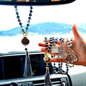 Grey Quartz Car Bead, Driving license Gift to Muslim Boy, Gemstone  Rosary for Automobile, Luxury Autocar Gary interior Rear Mirror Hanger