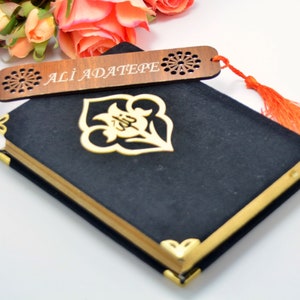 Black Velvet Customized Quran Arabic Book, Lux gift for Father, Islamic Personalized Kuran Book separator, Luxury Muslim Present Allah name