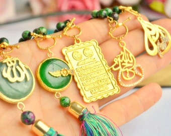 AYATUL Kursi Green CAR HANGER, Arabic Allah Interior Decoration, Gemstone Tasbeh Quran Protection