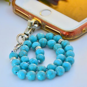 Turquoise Misbahy Phone Holder, Umrah Gift to Muslim, Blue Gemstone 33 Bead Cellular Phone Spiritual Tasbih, Hand New phone Carry Accessory