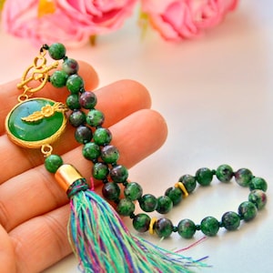 Green Car Interior Dacor, Eid Fitr Lady Present, Handmade Green 33 Bead  Golden Misbaha, New Luxury Car gift to Her, Muslim Protectiom Mala