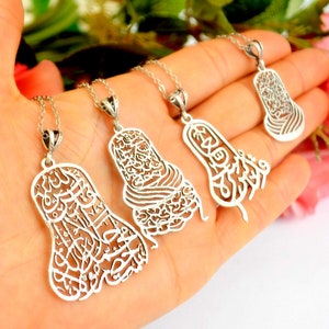 Islamic SILVER CALLIGRAPHY NECKLACE, Muslim letter art Religious Necklace, Eid Fashion Jewelry, Arabic Spiritual Mubarak handmade Jewelry