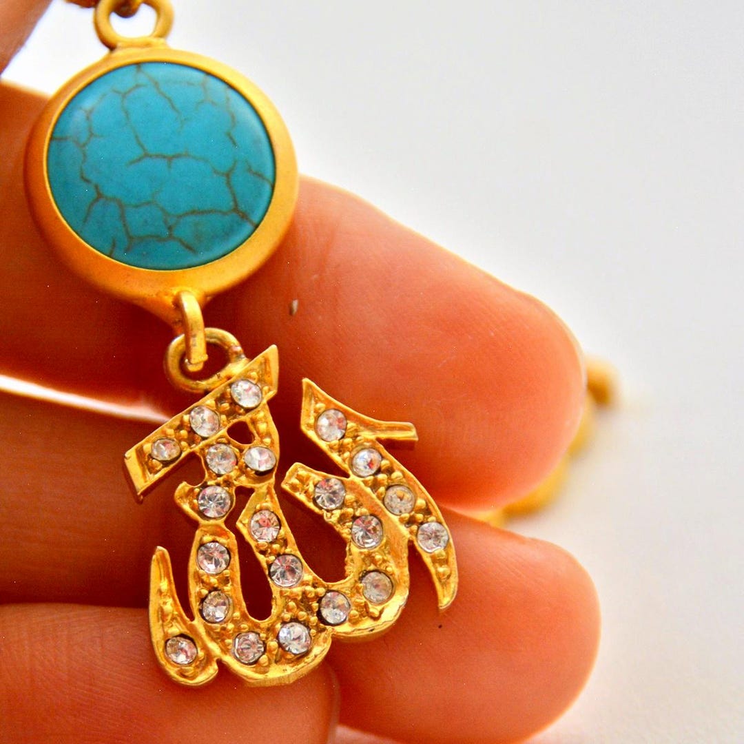Turquoise ARABIC ALLAH EARRINGS, Islamic Golden Calligraphy Jewelry ...
