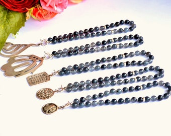 Handmade Grey Quartz Rosary, Allah Name Charm, Car Rearview Mirror Hanger