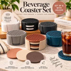 May include: A set of six round beverage coasters with a textured grid top and a matching holder. The set includes various colors such as white, black, gray, blue, and brown. Each coaster features a non-slip surface and a minimalist design.