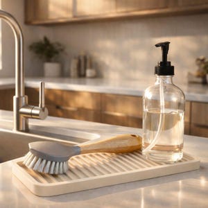 May include: A clear glass soap dispenser with a black pump sits on a beige tray next to a dish brush with a wooden handle and gray head. The brush rests on a beige tray with ridges. The items are on a countertop near a stainless steel faucet.