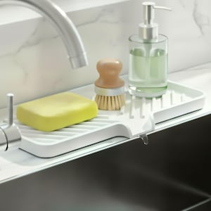 Self-Draining Sponge Drying Mat| Soap Sponge Holder | Kitchen Sink Organizer Caddy | Faucet Splash Catcher | Bathroom Counter Tray