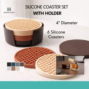 May include: A silicone coaster set with a holder. The set includes six coasters in various earth-tone colors, each with a textured surface. The coasters are 4 inches in diameter and come with a matching holder. The text on the image says "SILICONE COASTER SET WITH HOLDER".