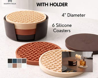 Non-Slip Silicone Coaster Set with Holder, 6 Coffee Cup Coasters | 4" Silicone Modern Bar Cart | Kitchen Table Coasters