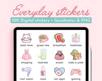 Pastel Everyday Digital Stickers, GoodNotes Stickers Cute Kawaii Sticker Pack for iPad Planner Journal, Precropped Self Care PNG Sticker Set