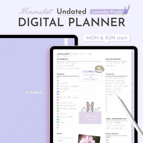 Lavender Purple Undated Digital Planner Minimalist, Cute Kawaii Dated GoodNotes Planner Journal Template for iPad, Daily Weekly Planner