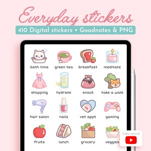 Pastell Alltag digitale Aufkleber, GoodNotes Aufkleber niedlichen Kawaii Sticker Pack für iPad Planer Journal, Precropped Self Care PNG Sticker Set
