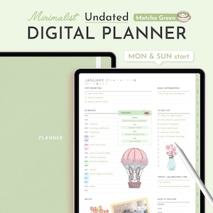 Matcha Green Undated Digital Planner Minimalist, Cute Kawaii Dated GoodNotes Planner Journal Template for iPad Daily Weekly Monthly Planner