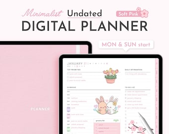 Soft Pink Undated Digital Planner Minimalist, Cute Kawaii GoodNotes Planner Journal Template for iPad | Daily Weekly & Monthly Planner