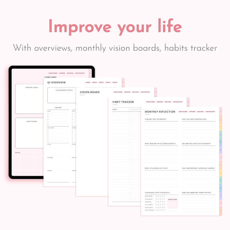 Soft Pink Undated Digital Planner Minimalist, Cute Kawaii Dated GoodNotes Planner Journal Template for iPad | Daily, Weekly & Monthly Planner, Self Care Journal, Sakura, Cherry Blossom, Spring, Reusable every year