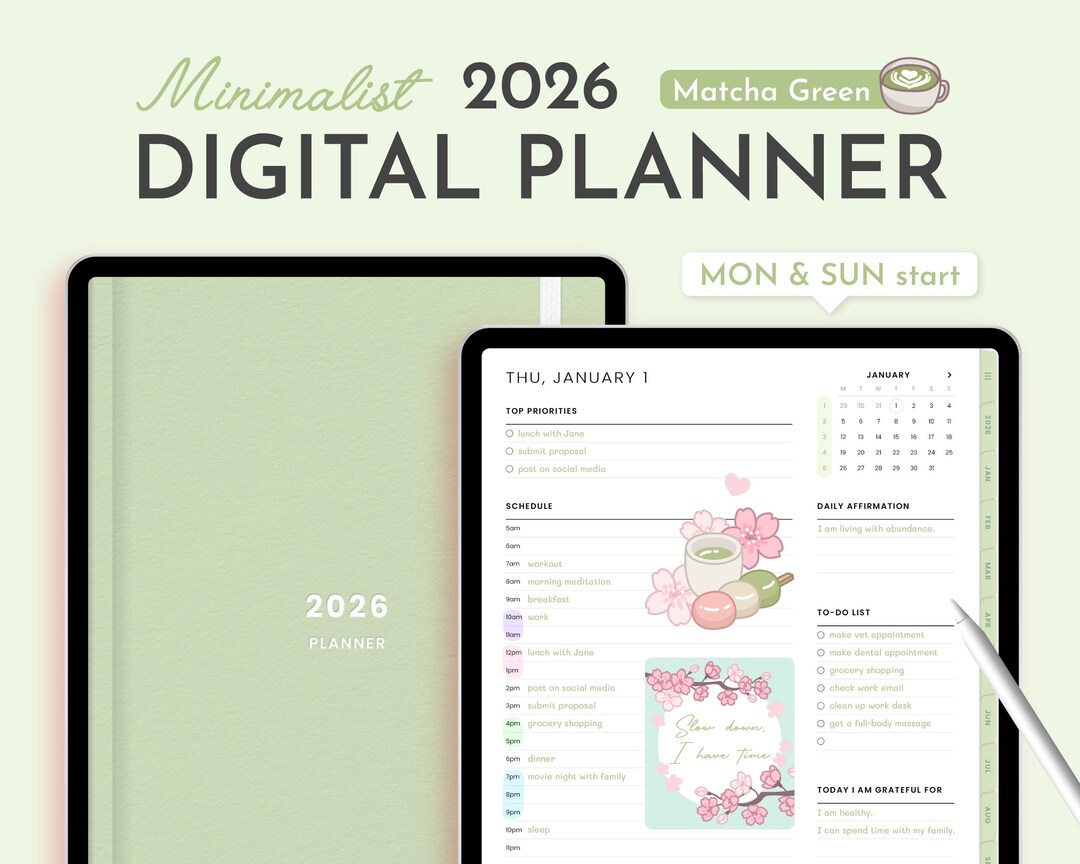 Matcha Green 2026 Digital Planner Minimalist, Cute Kawaii Dated ...