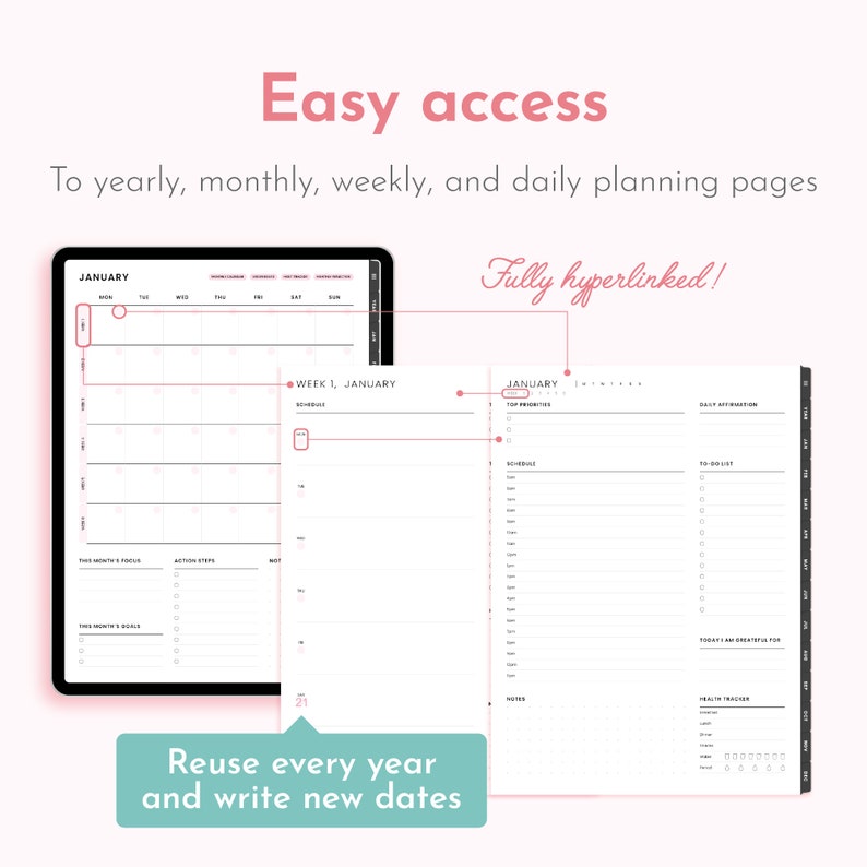 Soft Pink Undated Digital Planner Minimalist, Cute Kawaii Dated GoodNotes Planner Journal Template for iPad | Daily, Weekly & Monthly Planner, Self Care Journal, Sakura, Cherry Blossom, Spring, Reusable every year