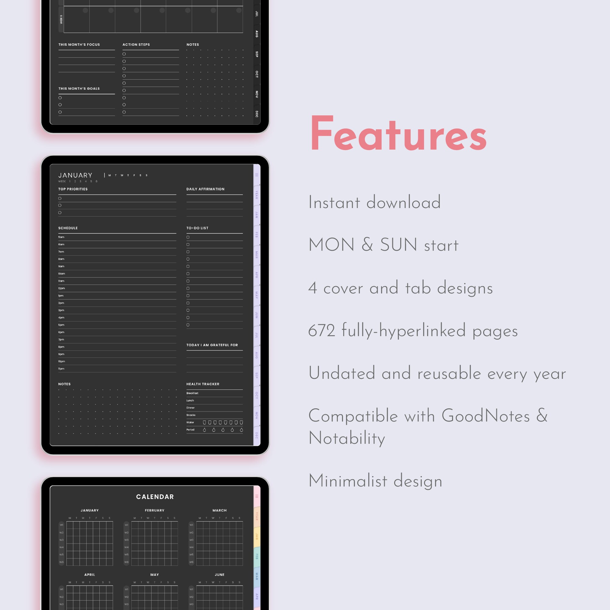 Dark Mode Undated Digital Planner Minimalist, Cute Kawaii Goodnotes ...