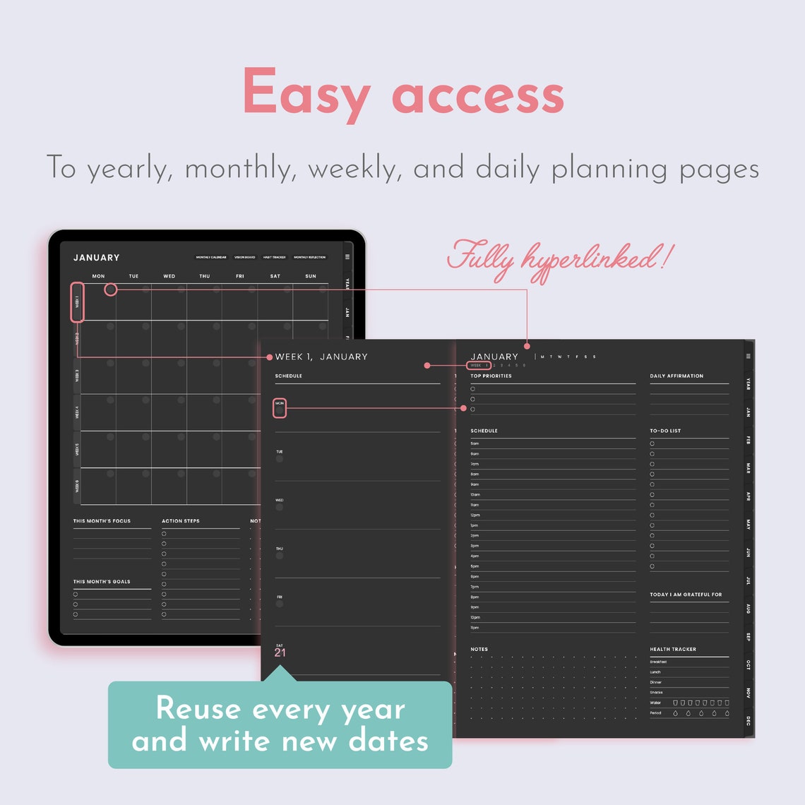 Dark Mode Undated Digital Planner Minimalist, Cute Kawaii Goodnotes ...