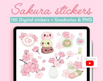 Pastel Sakura Digital Stickers, GoodNotes Stickers Cute Kawaii Sticker Pack for iPad Planner Journal, Precropped Self Care PNG Sticker Set