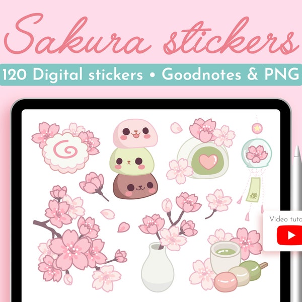 Pastel Sakura Digital Stickers, GoodNotes Stickers Cute Kawaii Sticker Pack for iPad Planner Journal, Precropped Self Care PNG Sticker Set