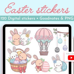 Pastell Ostern Frühling Digitale Aufkleber, GoodNotes Aufkleber Niedliche Kawaii Sticker Pack für iPad Planer Journal, Precropped PNG Sticker Set