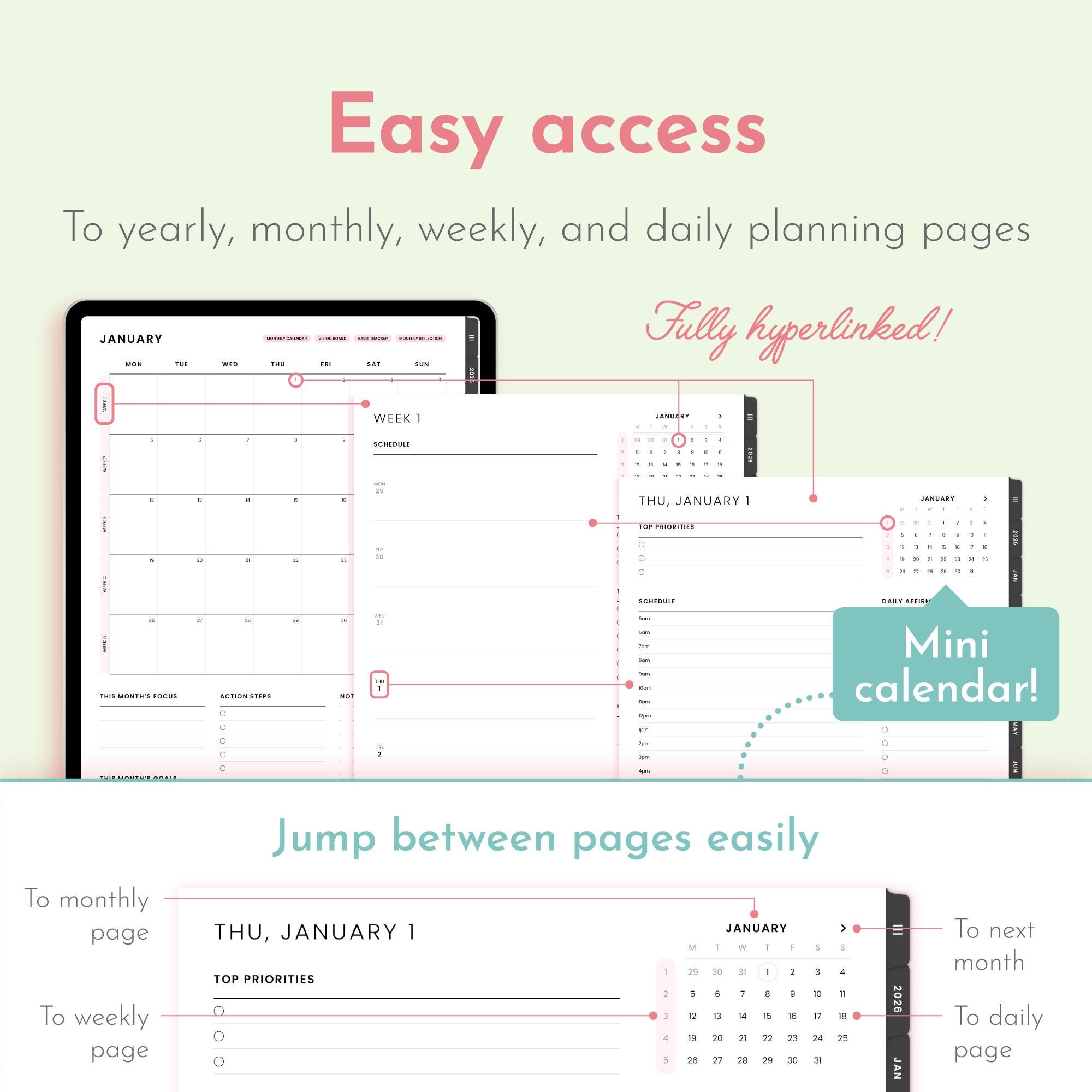 Matcha Green 2026 Digital Planner Minimalist, Cute Kawaii Dated ...