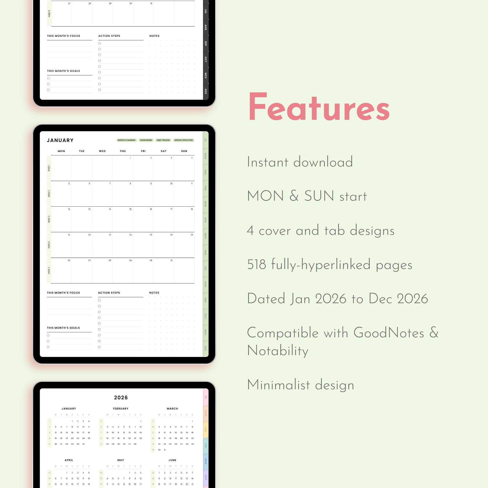 Matcha Green 2026 Digital Planner Minimalist, Cute Kawaii Dated ...