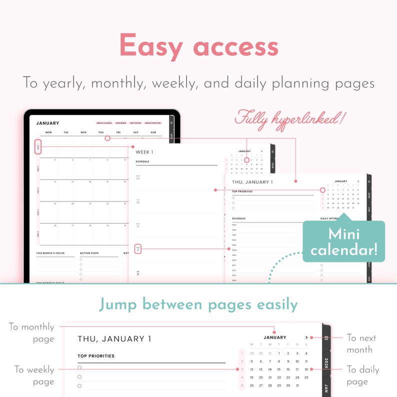 Soft Pink 2026 Digital Planner Minimalist, Cute Kawaii Dated Goodnotes ...