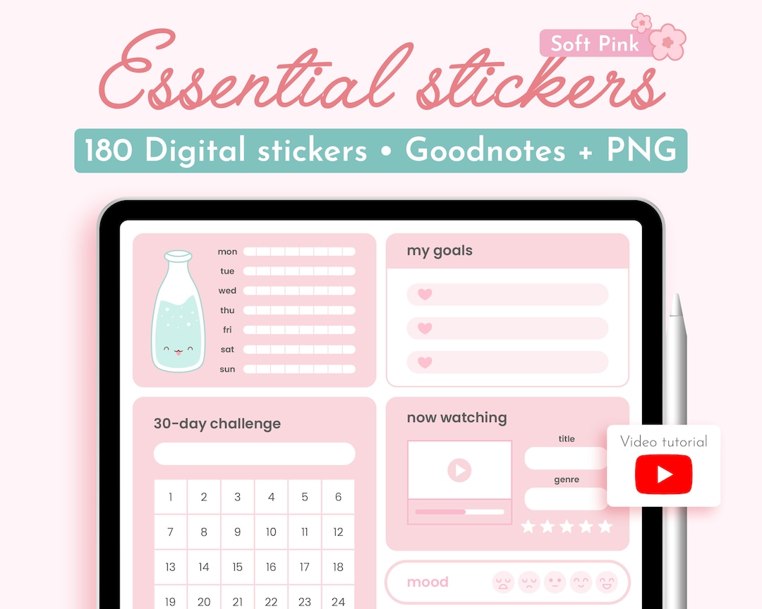 Soft Pink Essential Digital Stickers, Goodnotes Stickers Cute Kawaii ...