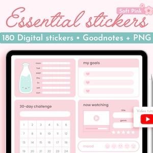 May include: A digital planner screen with pink and white stickers. The stickers include a milk bottle with a face, a 30-day challenge calendar, a section for goals, a section for tracking what you are watching, and a mood tracker.