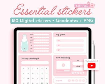 Soft Pink Essential Digital Stickers, GoodNotes Stickers Cute Kawaii Sticker Pack for iPad Planner Journal, Self Care PNG Pastel Sticker Set