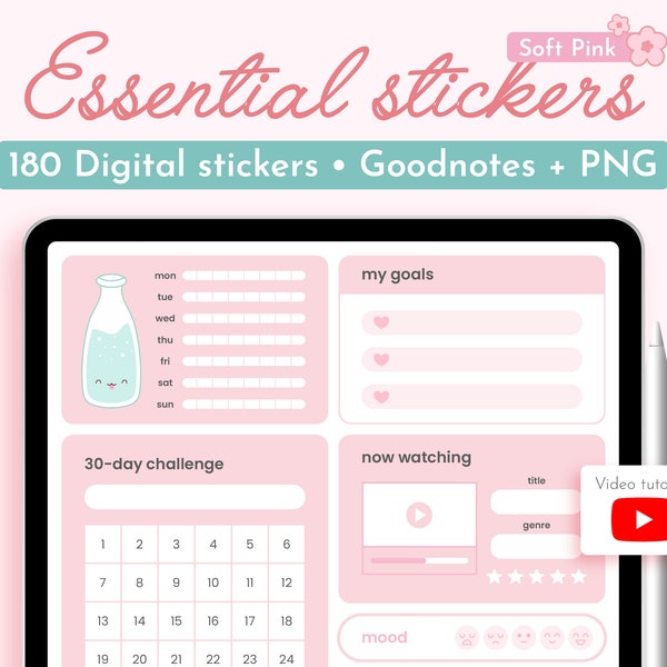 Soft Pink Essential Digital Stickers, GoodNotes Stickers Cute Kawaii Sticker Pack for iPad Planner Journal, Self Care PNG Pastel Sticker Set