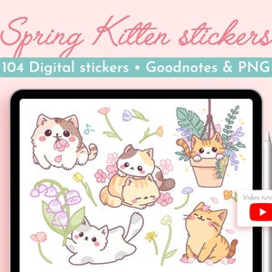 Frühling Kätzchen Digitale Aufkleber, GoodNotes Aufkleber Süßer Kawaii Sticker Pack für iPad Planer Journal Bujo Entzückende Kitty Katze PNG Sticker Set