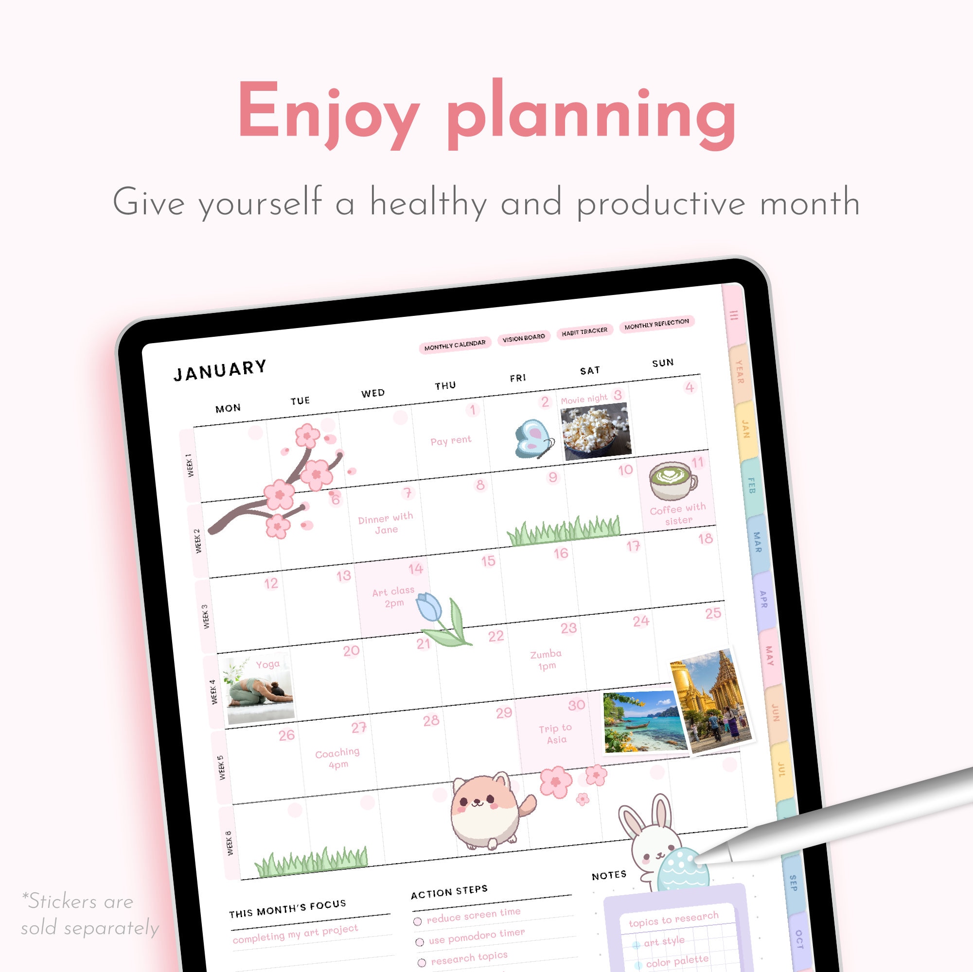 Soft Pink Undated Digital Planner Minimalist, Cute Kawaii Goodnotes ...