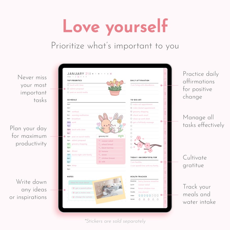 Soft Pink Undated Digital Planner Minimalist, Cute Kawaii Dated GoodNotes Planner Journal Template for iPad | Daily, Weekly & Monthly Planner, Self Care Journal, Sakura, Cherry Blossom, Spring, Reusable every year